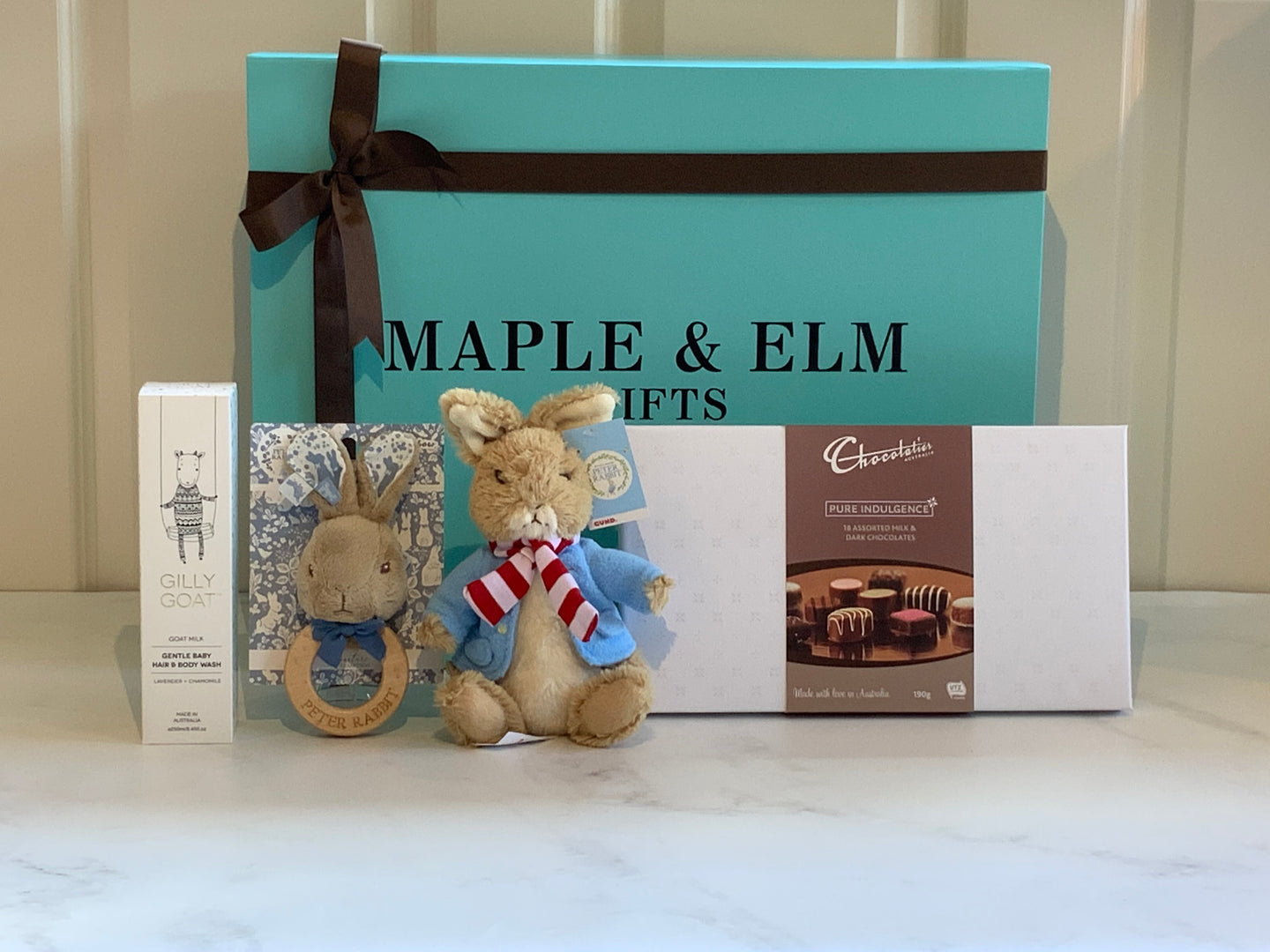 Peter Rabbit Hamper with Chocolatier Chocoltes and Gilly Goat Baby Wash