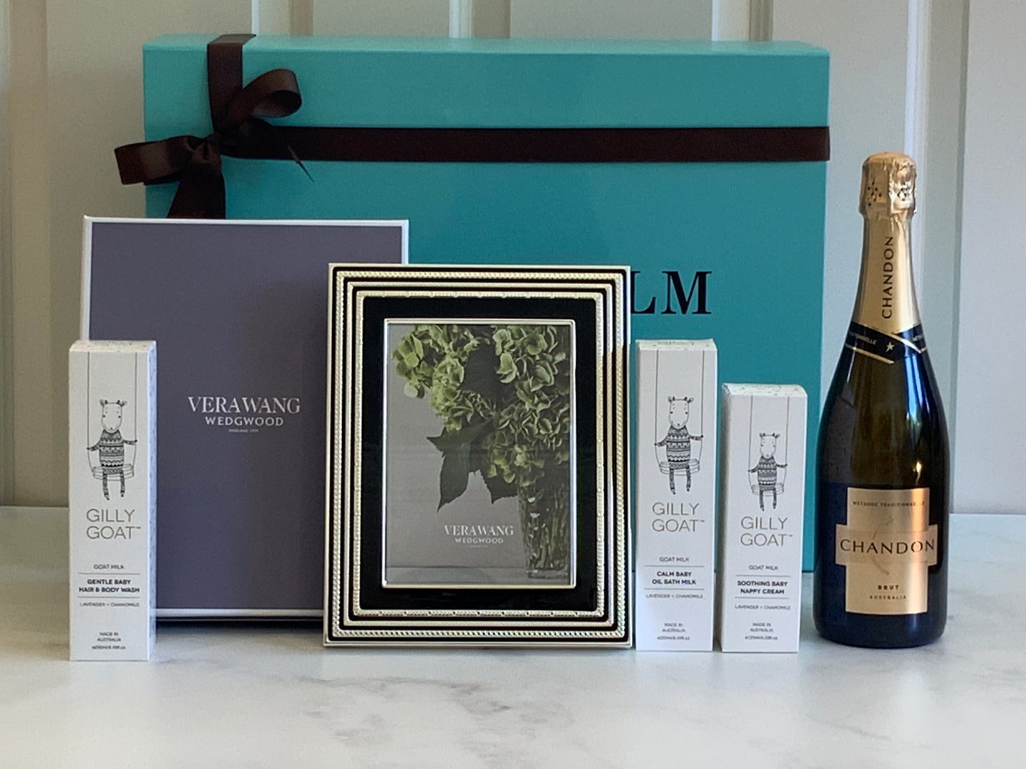 Chandon Australian Sparkling, Wedgwood Vera Wang Frame, Gilly Goat Luxury Baby Products